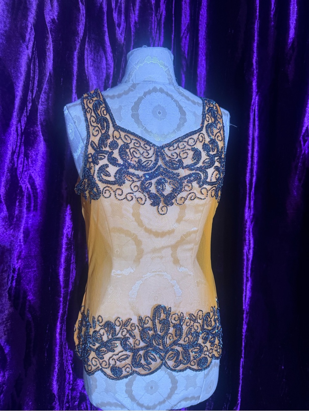 Embellished Yellow Lace Tank with Black Beading